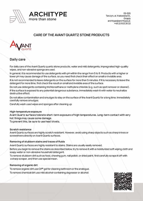 Avant Quartz. Produktu aprūpes rokasgrāmata